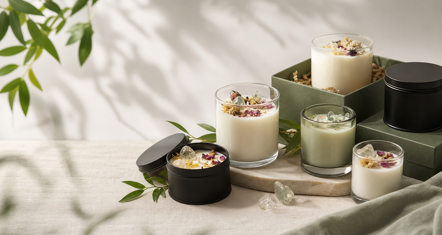 Premium scented candle atmosphere image with tin candles, glass jars, dried flowers and gift packaging