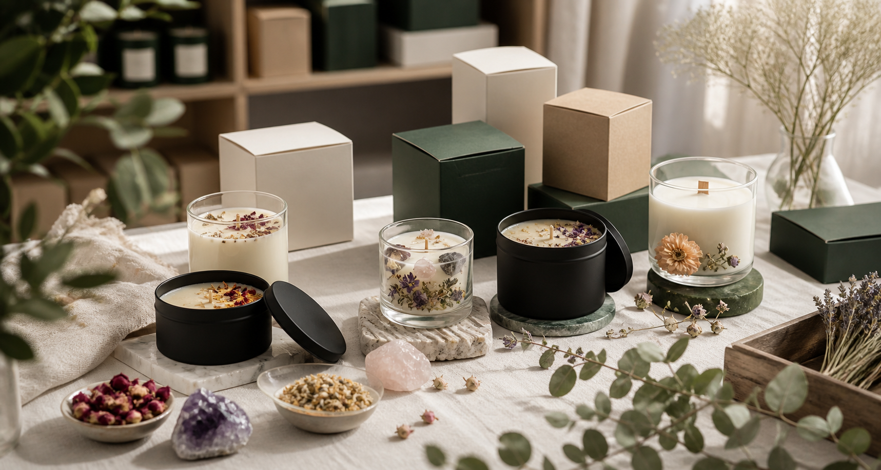 Candle packaging and production atmosphere image with soy wax candles, glass jars, black tins and gift boxes