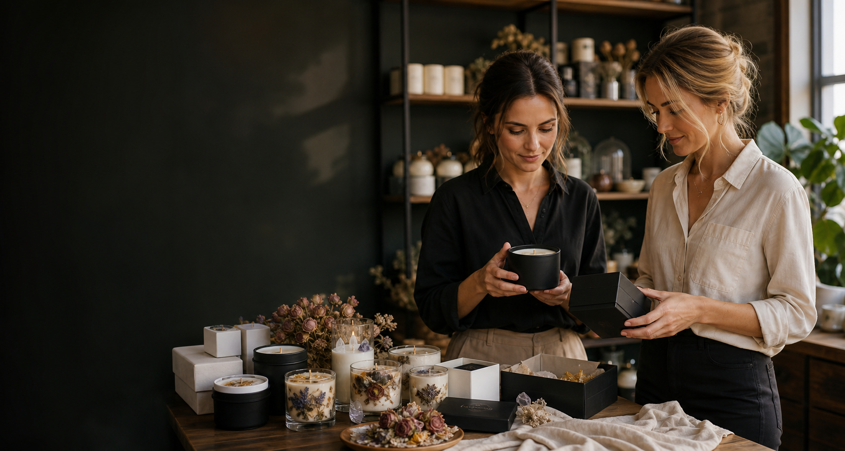 Adult buyers reviewing scented candle samples and packaging in a refined showroom