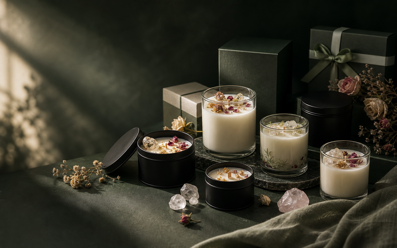 Dramatic product atmosphere image with glass jar candles, black tins and gift packaging
