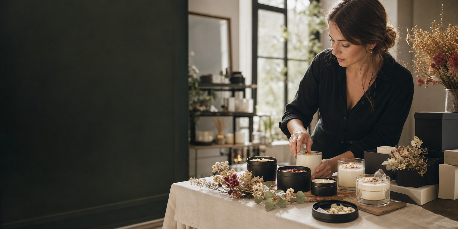 Adult woman arranging premium scented candles in a calm home setting
