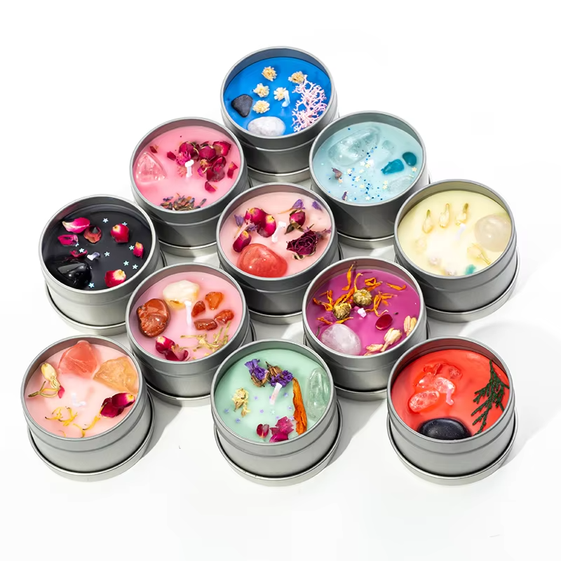 AK-40001-Dry Flowers Healing Crystal Tin Candles 60g